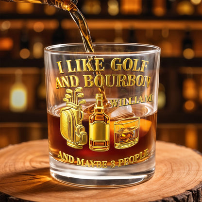 I Like Golf And Bourbon With Gold Golf Bag And Whiskey Bottle - Personalized Custom Whiskey Glass - GOLF017_RWG