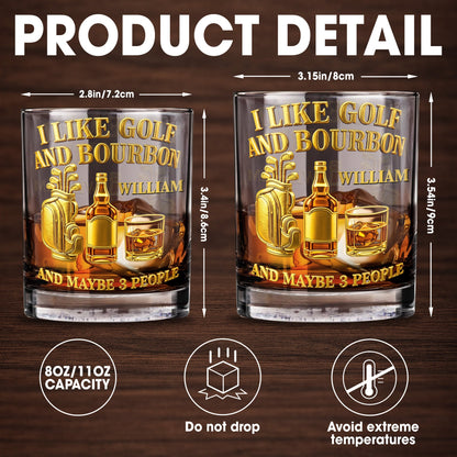 I Like Golf And Bourbon With Gold Golf Bag And Whiskey Bottle - Personalized Custom Whiskey Glass - GOLF017_RWG