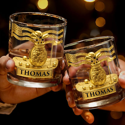 American Golf Legend With Golf Bag And Clubs - Personalized Custom Whiskey Glass - GOLF020_RWG