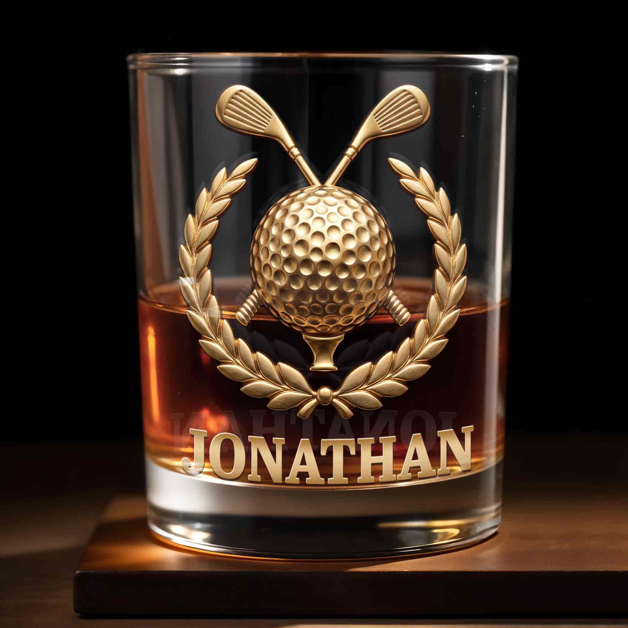 Legendary Golfer Golf Ball and Clubs with Laurel Wreath - Personalized Custom Whiskey Glass - GOLF028_RWG