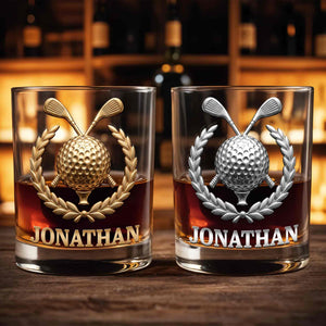 Legendary Golfer Golf Ball and Clubs with Laurel Wreath - Personalized Custom Whiskey Glass - GOLF028_RWG