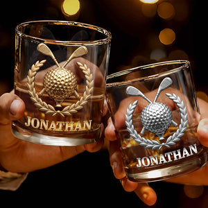 Legendary Golfer Golf Ball and Clubs with Laurel Wreath - Personalized Custom Whiskey Glass - GOLF028_RWG
