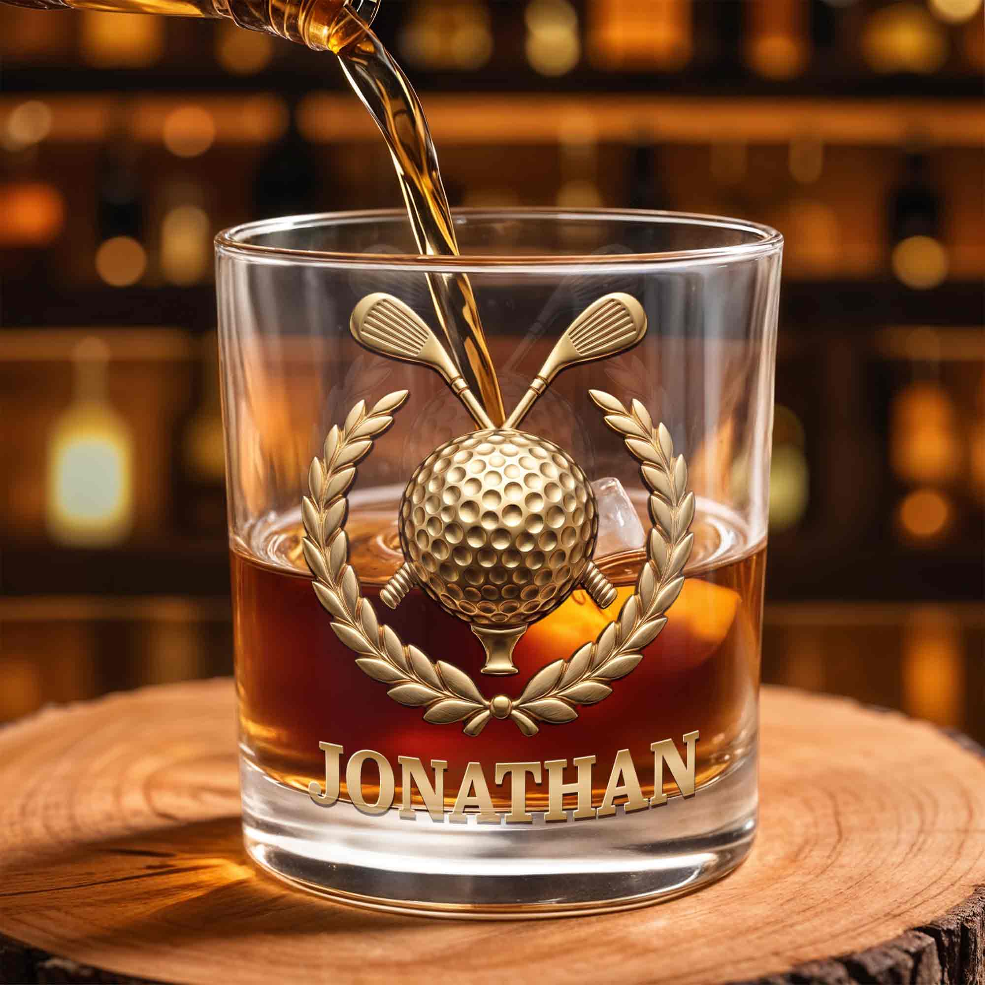 Legendary Golfer Golf Ball and Clubs with Laurel Wreath - Personalized Custom Whiskey Glass - GOLF028_RWG