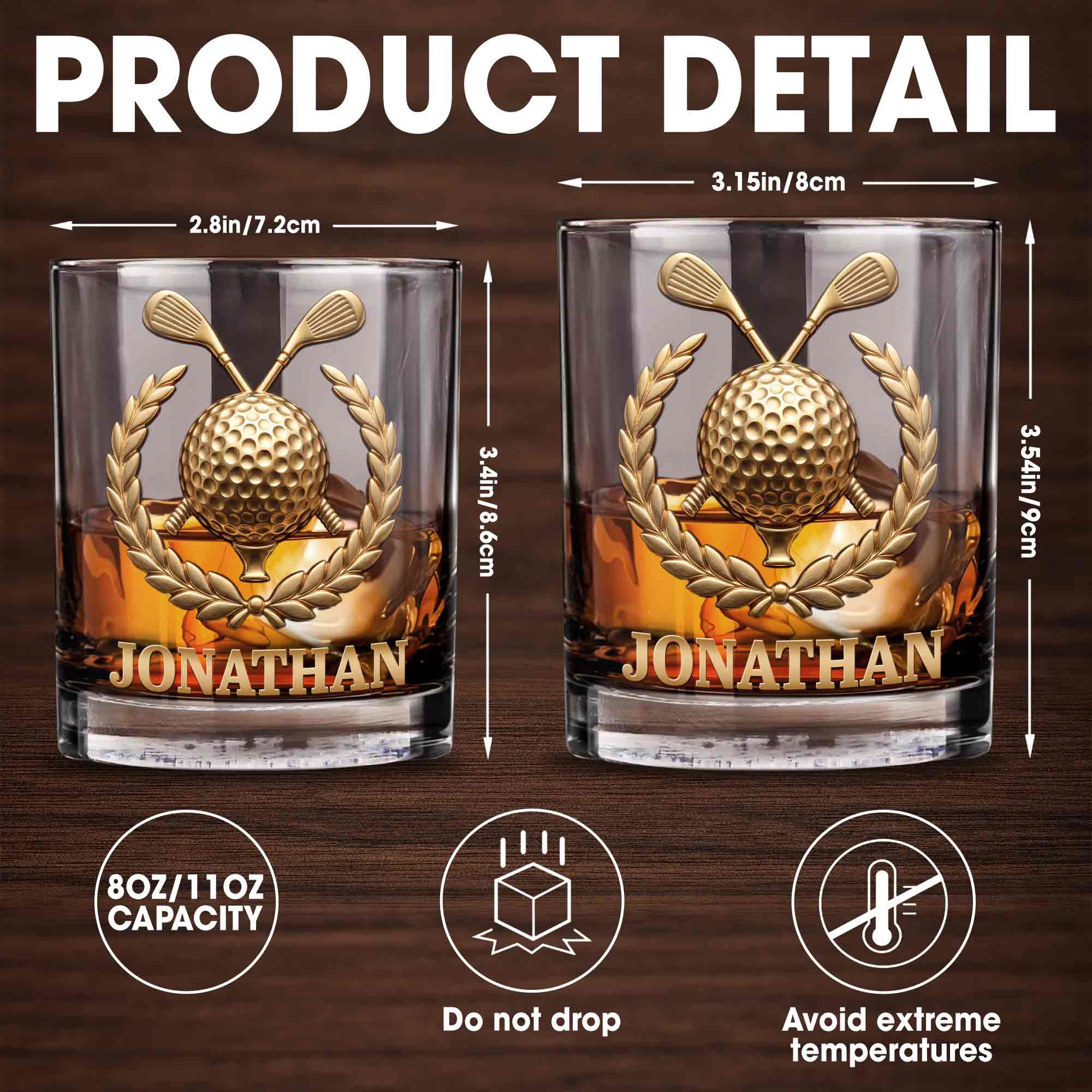 Legendary Golfer Golf Ball and Clubs with Laurel Wreath - Personalized Custom Whiskey Glass - GOLF028_RWG