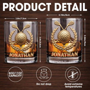 Legendary Golfer Golf Ball and Clubs with Laurel Wreath - Personalized Custom Whiskey Glass - GOLF028_RWG