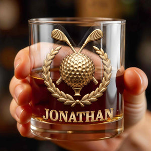 Legendary Golfer Golf Ball and Clubs with Laurel Wreath - Personalized Custom Whiskey Glass - GOLF028_RWG