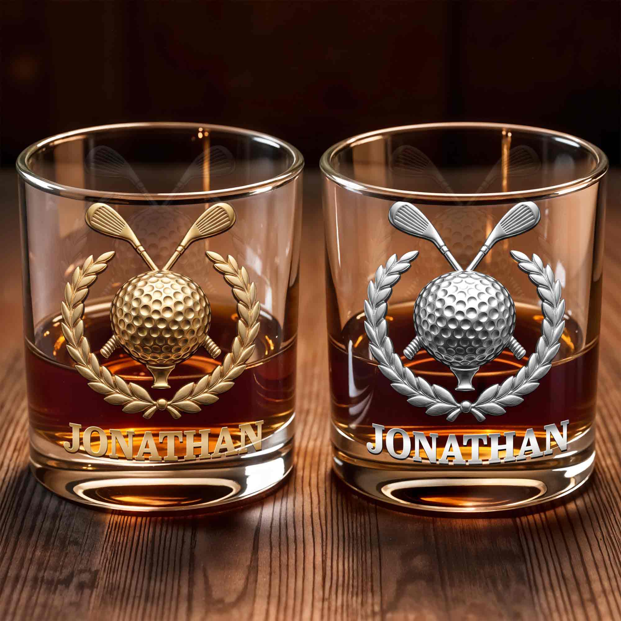 Legendary Golfer Golf Ball and Clubs with Laurel Wreath - Personalized Custom Whiskey Glass - GOLF028_RWG