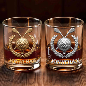 Legendary Golfer Golf Ball and Clubs with Laurel Wreath - Personalized Custom Whiskey Glass - GOLF028_RWG