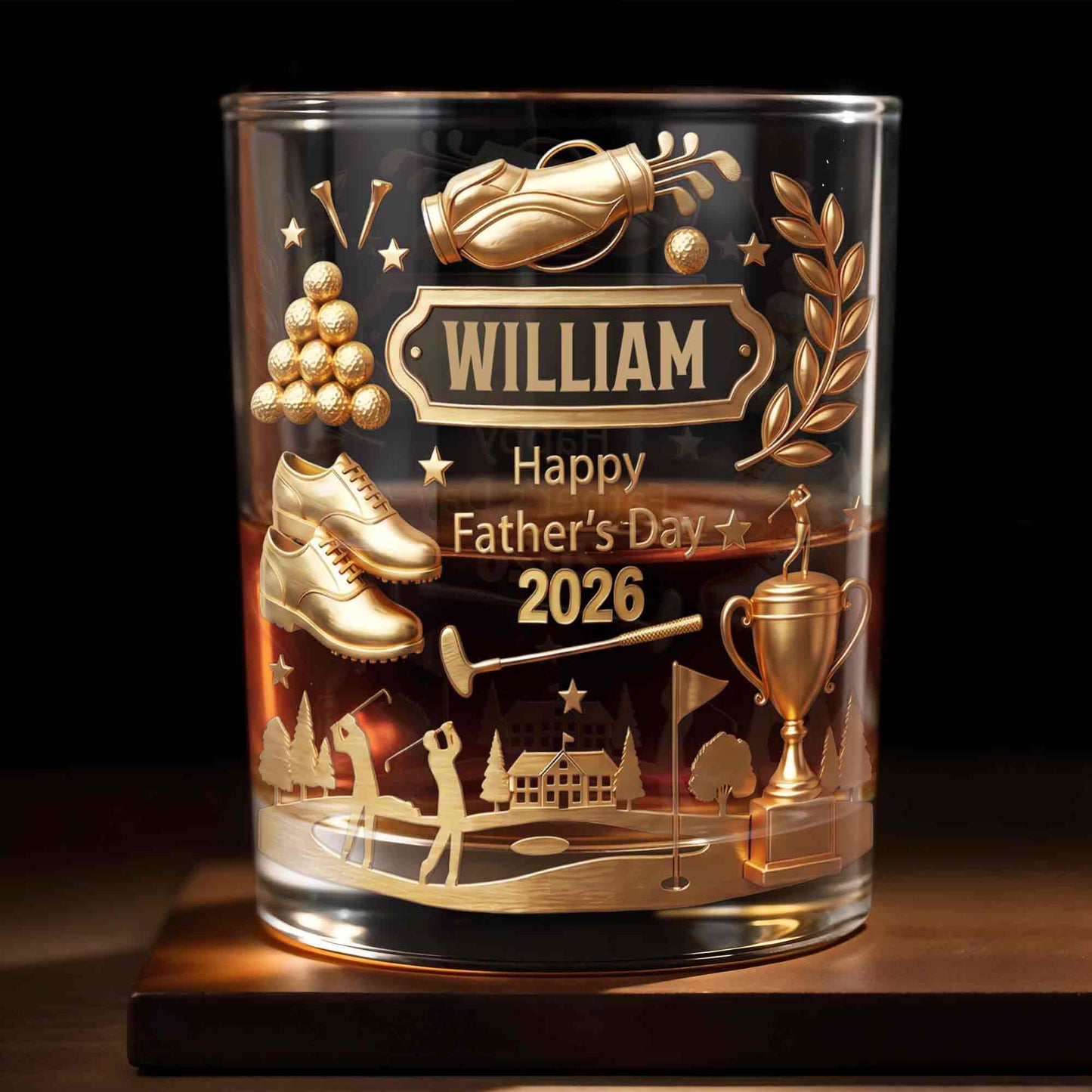 Happy Father's Day 3D Golden Golf Bag And Trophy - Personalized Custom Whiskey Glass - GOLF029_RWG