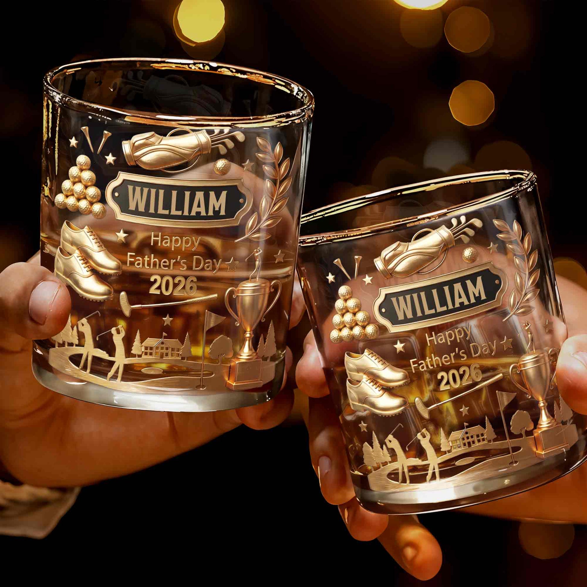 Happy Father's Day 3D Golden Golf Bag And Trophy - Personalized Custom Whiskey Glass - GOLF029_RWG
