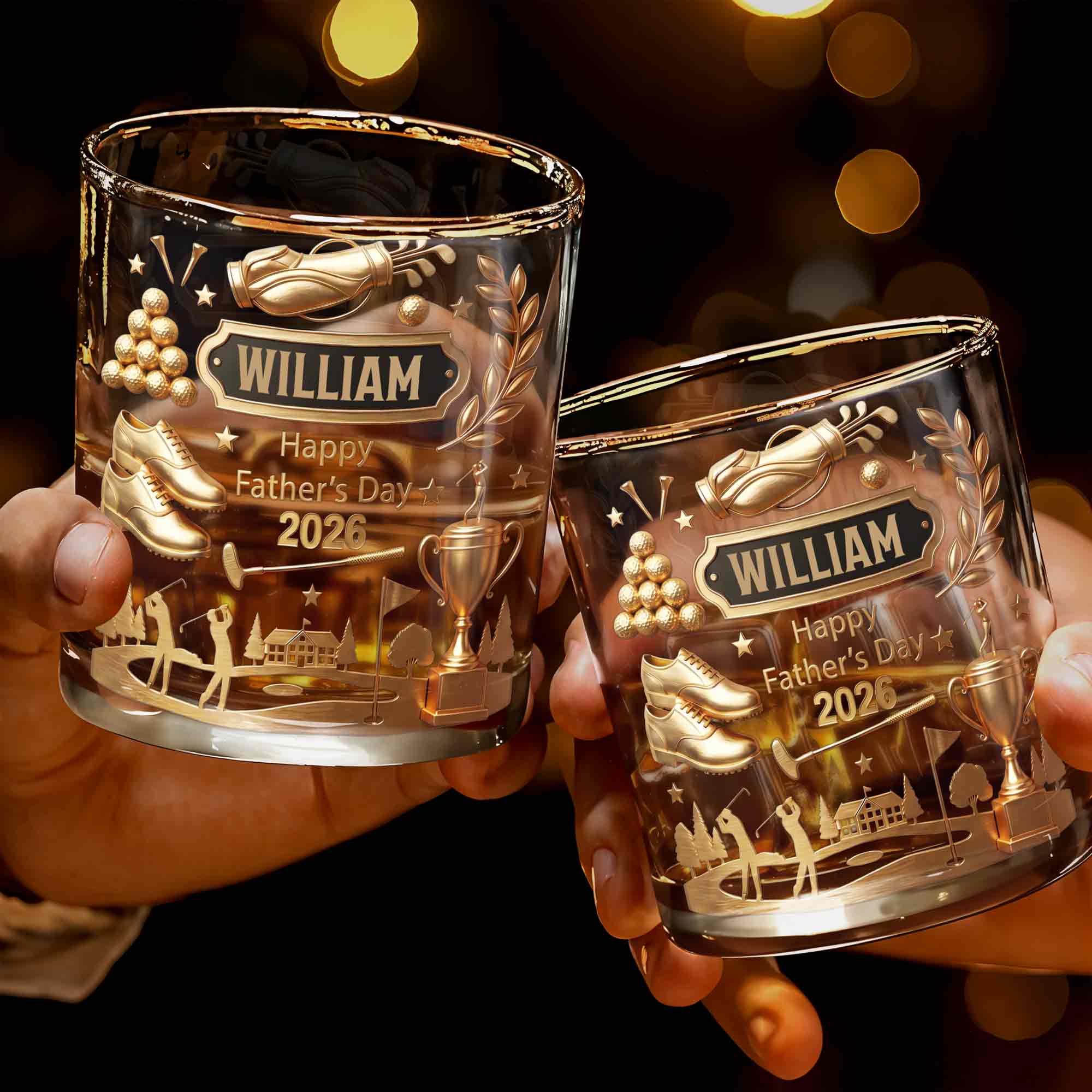 Happy Father's Day 3D Golden Golf Bag And Trophy - Personalized Custom Whiskey Glass - GOLF029_RWG