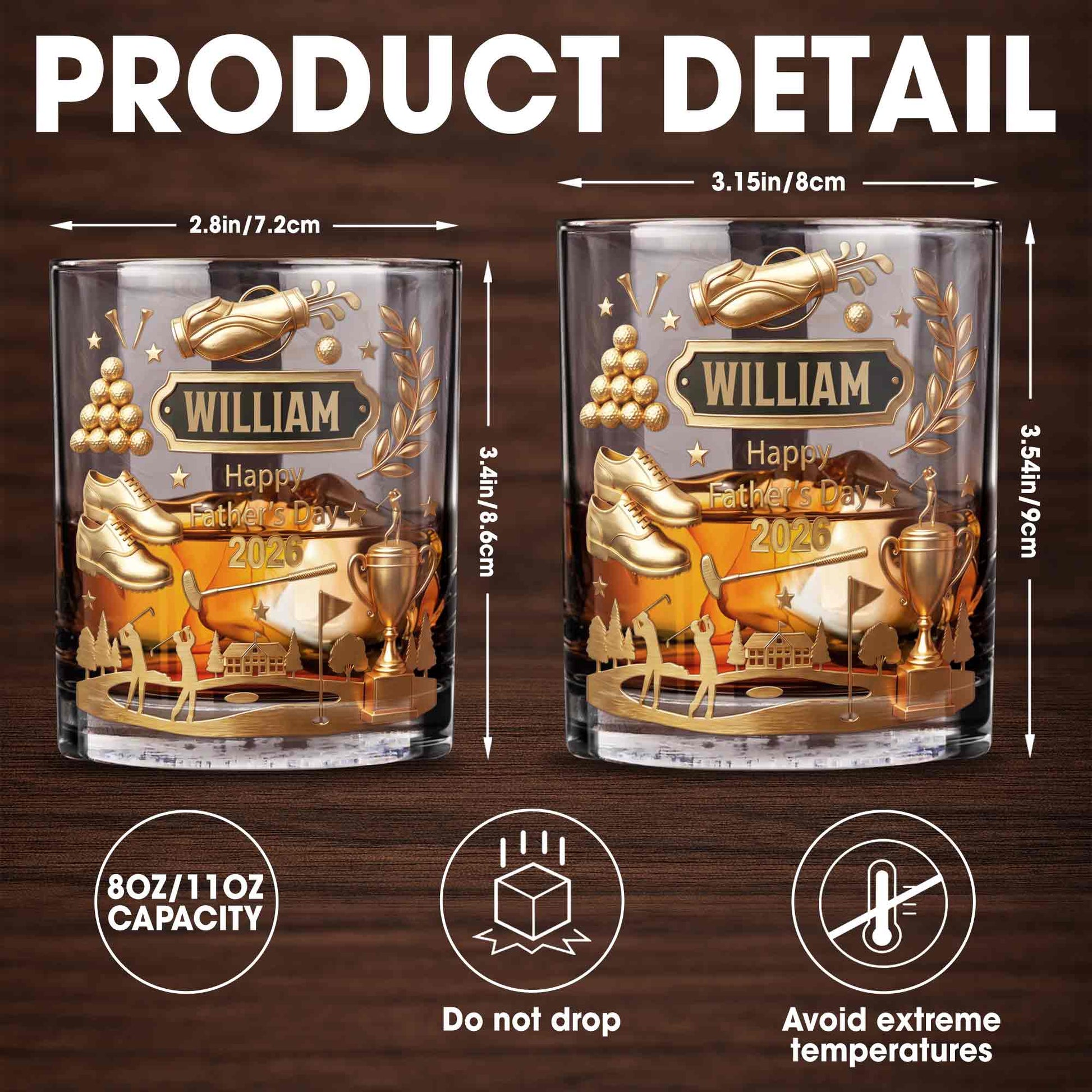 Happy Father's Day 3D Golden Golf Bag And Trophy - Personalized Custom Whiskey Glass - GOLF029_RWG