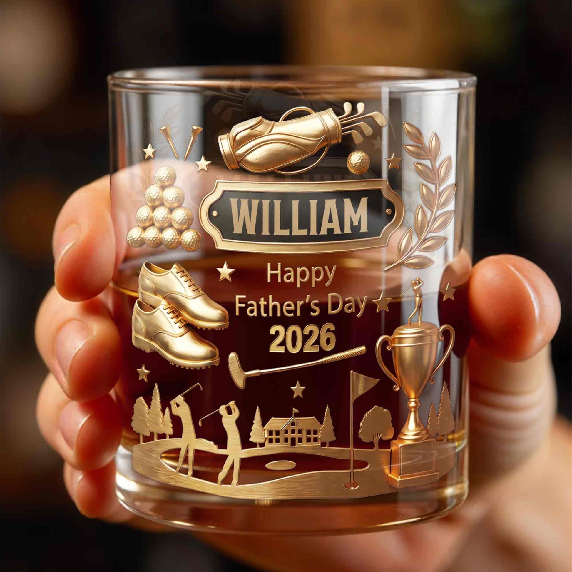 Happy Father's Day 3D Golden Golf Bag And Trophy - Personalized Custom Whiskey Glass - GOLF029_RWG