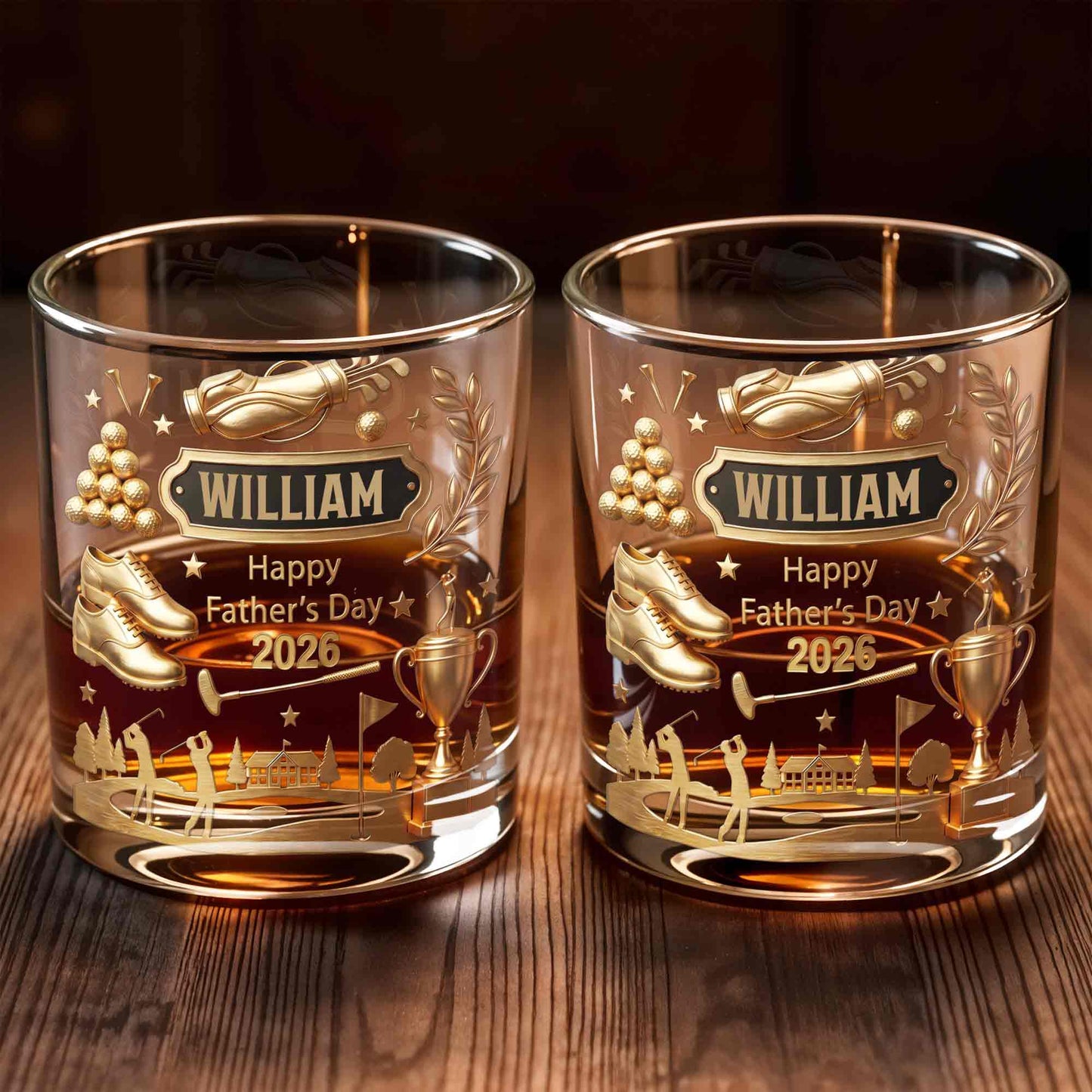 Happy Father's Day 3D Golden Golf Bag And Trophy - Personalized Custom Whiskey Glass - GOLF029_RWG