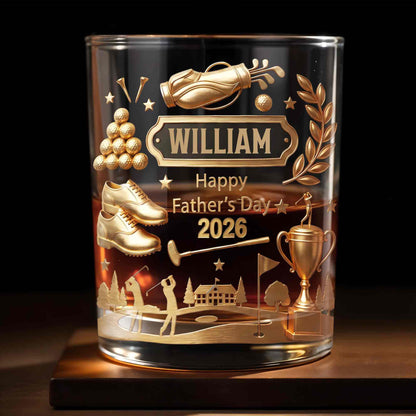 Happy Father's Day 3D Golden Golf Bag And Trophy - Personalized Custom Whiskey Glass - GOLF029_RWG