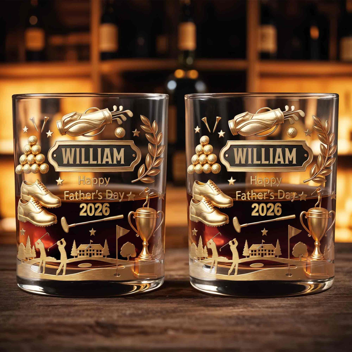 Happy Father's Day 3D Golden Golf Bag And Trophy - Personalized Custom Whiskey Glass - GOLF029_RWG