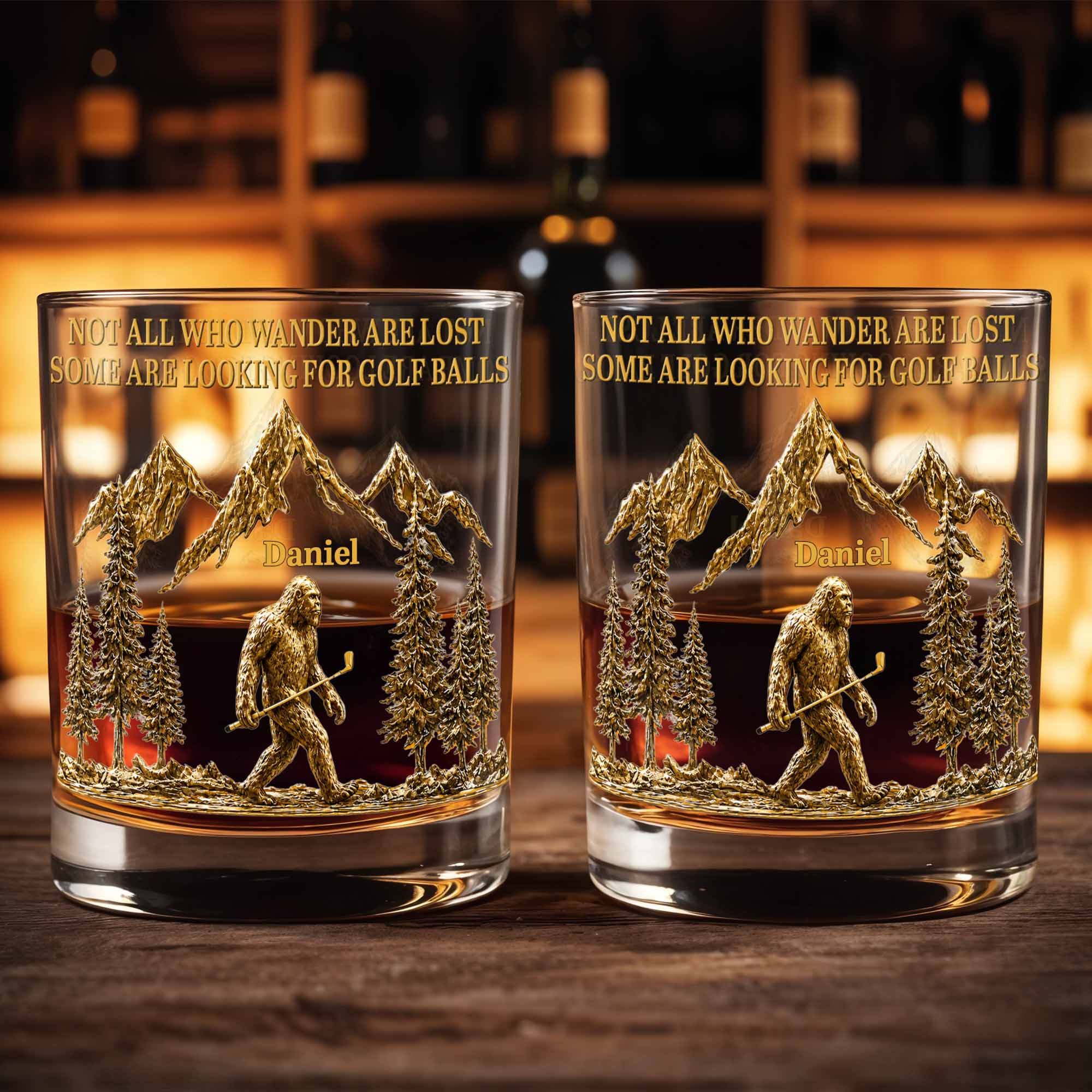 Not All Who Wander Are Lost Bigfoot Mountains Golf Lover - Personalized Custom Whiskey Glass - GOLF035_RWG