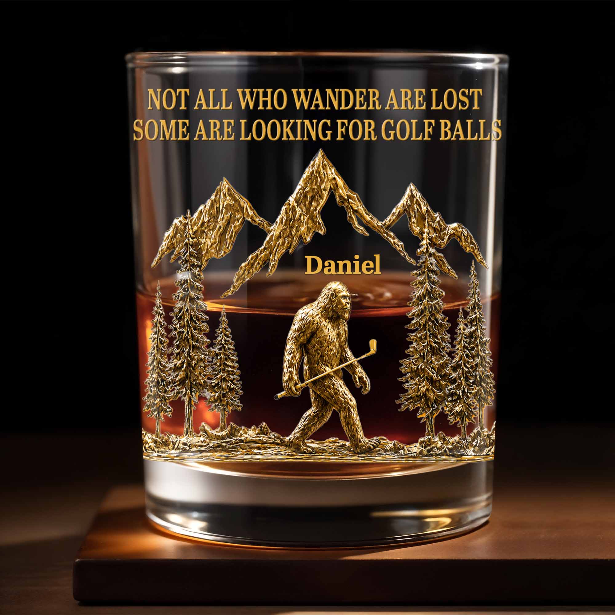 Not All Who Wander Are Lost Bigfoot Mountains Golf Lover - Personalized Custom Whiskey Glass - GOLF035_RWG
