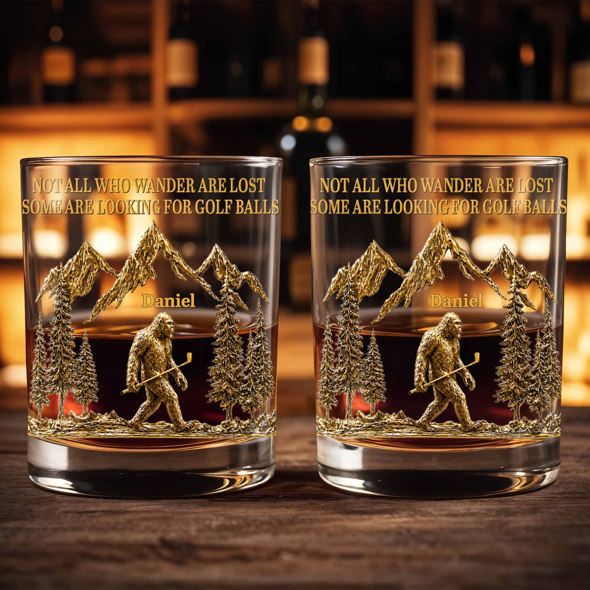 Not All Who Wander Are Lost Bigfoot Mountains Golf Lover - Personalized Custom Whiskey Glass - GOLF035_RWG