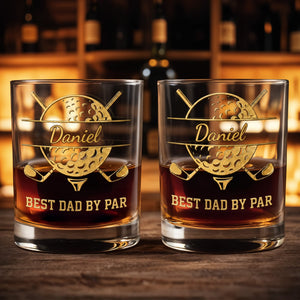Best Dad By Par With Golf Ball And Clubs Design - Personalized Custom Whiskey Glass - GOLF040_RWG
