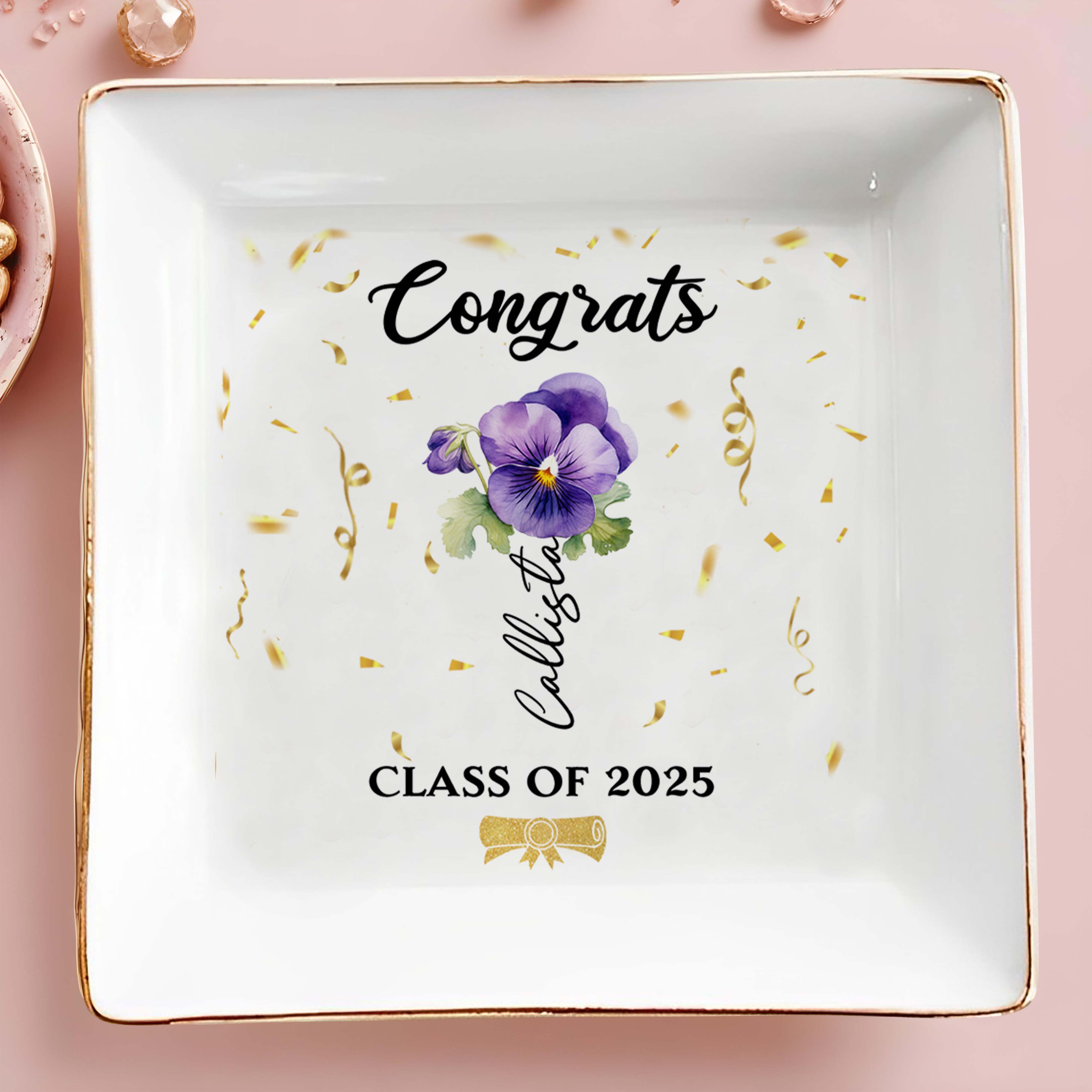 Congrats Personalized Pansy Flower Design Jewelry Dish - Personalized Custom Jewelry Dish, Square Ceramic Dish - GRAD002_SCRD
