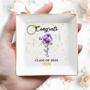 Congrats Personalized Pansy Flower Design Jewelry Dish - Personalized Custom Jewelry Dish, Square Ceramic Dish - GRAD002_SCRD