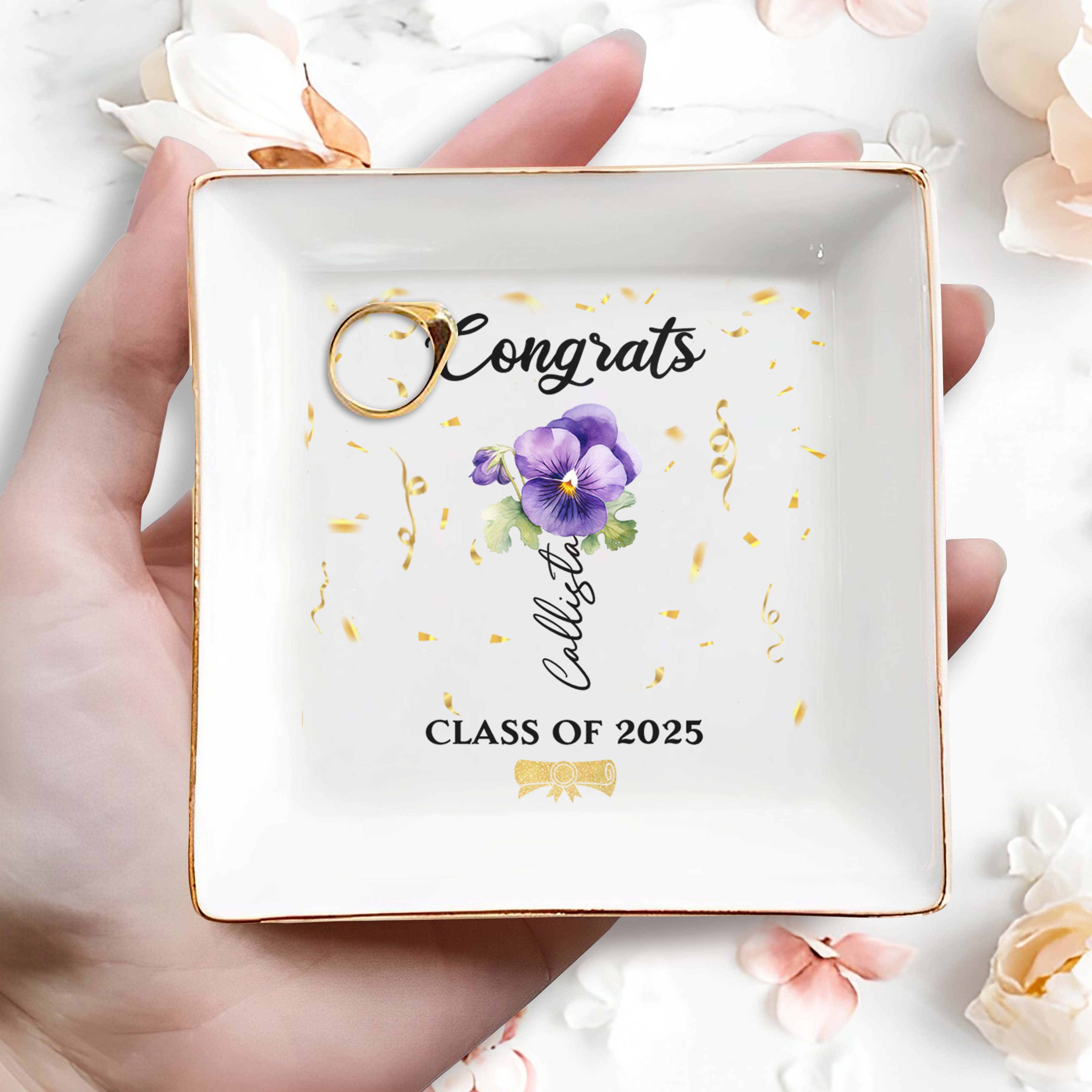 Congrats Personalized Pansy Flower Design Jewelry Dish - Personalized Custom Jewelry Dish, Square Ceramic Dish - GRAD002_SCRD