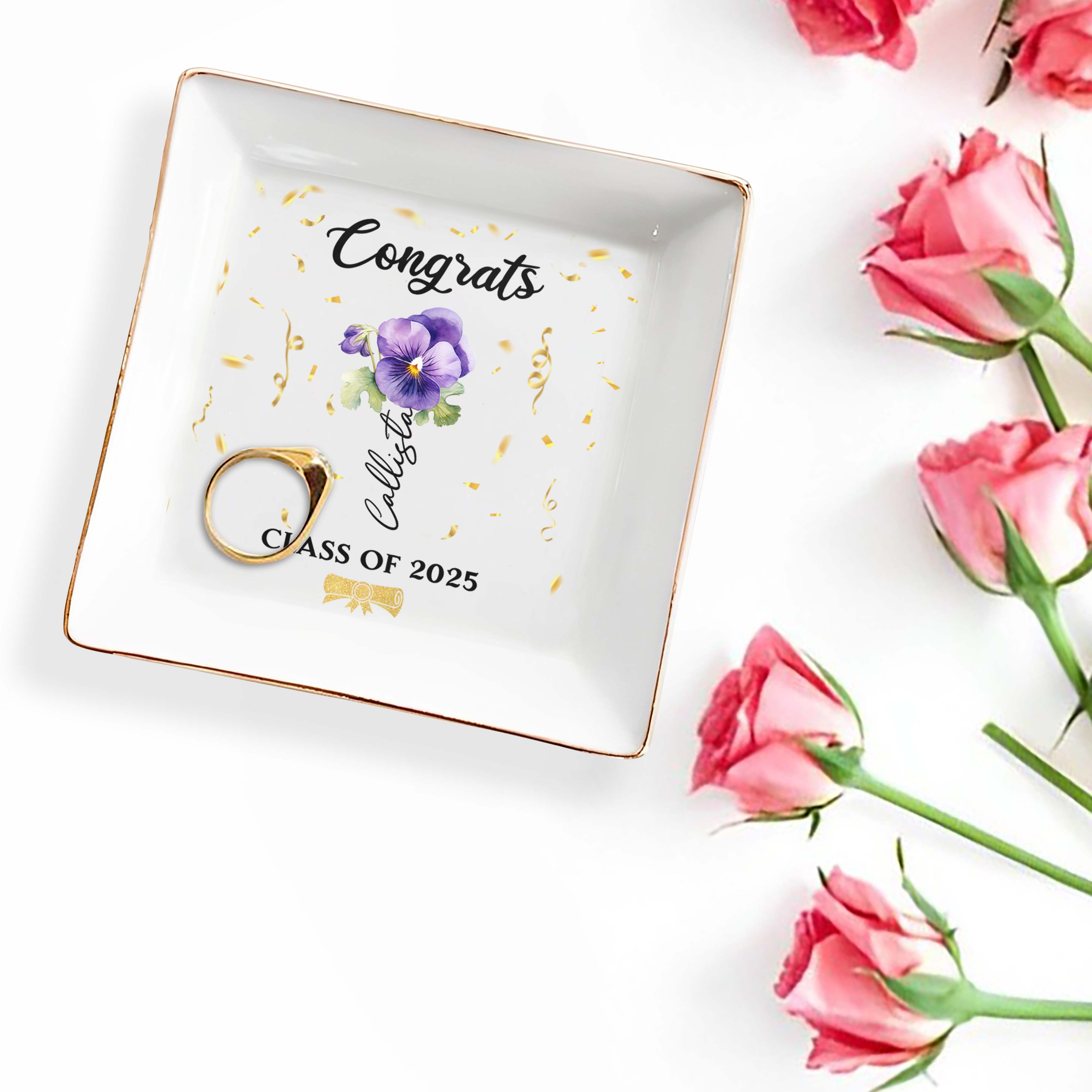 Congrats Personalized Pansy Flower Design Jewelry Dish - Personalized Custom Jewelry Dish, Square Ceramic Dish - GRAD002_SCRD