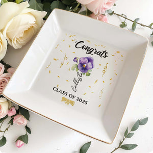 Congrats Personalized Pansy Flower Design Jewelry Dish - Personalized Custom Jewelry Dish, Square Ceramic Dish - GRAD002_SCRD