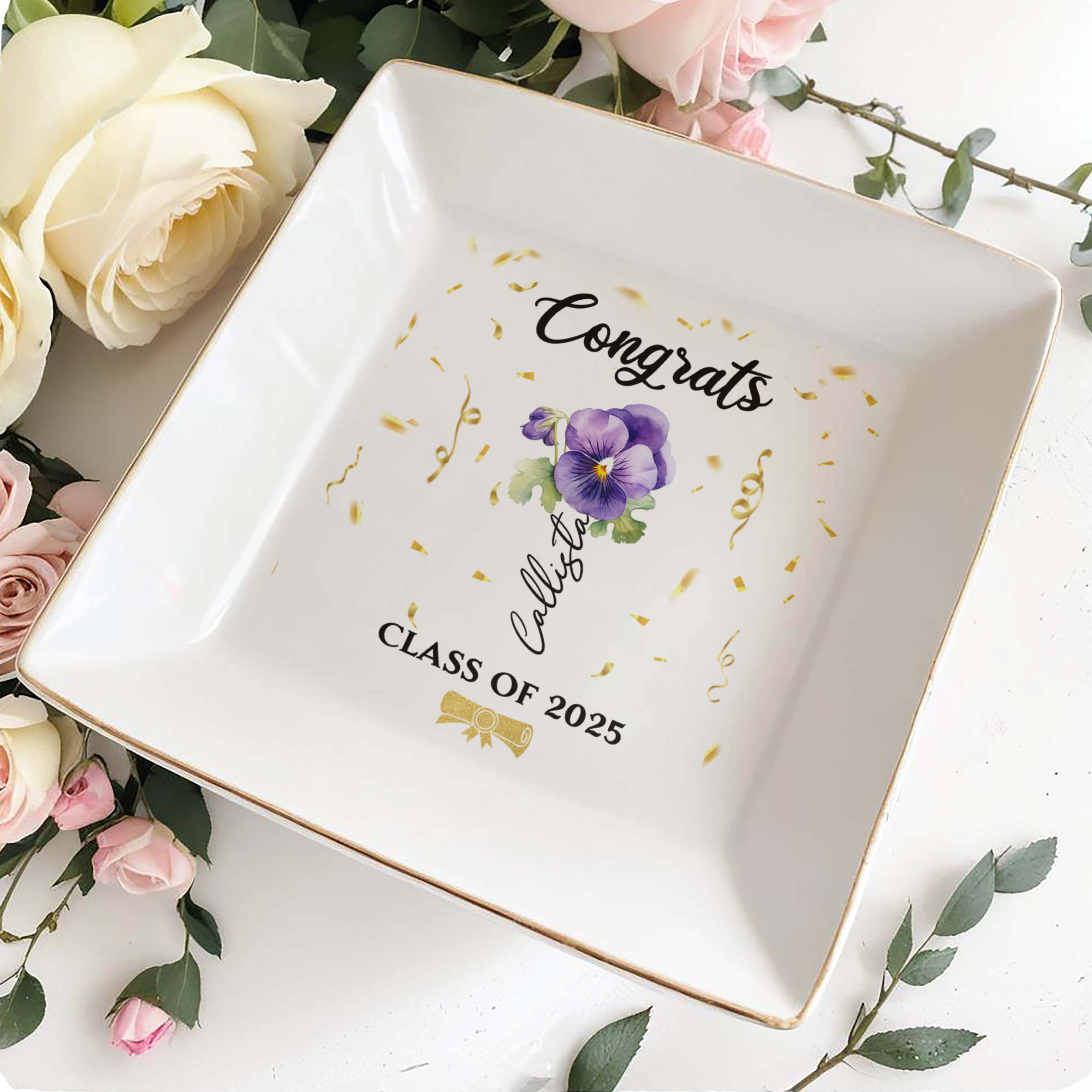 Congrats Personalized Pansy Flower Design Jewelry Dish - Personalized Custom Jewelry Dish, Square Ceramic Dish - GRAD002_SCRD