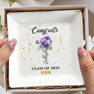 Congrats Personalized Pansy Flower Design Jewelry Dish - Personalized Custom Jewelry Dish, Square Ceramic Dish - GRAD002_SCRD