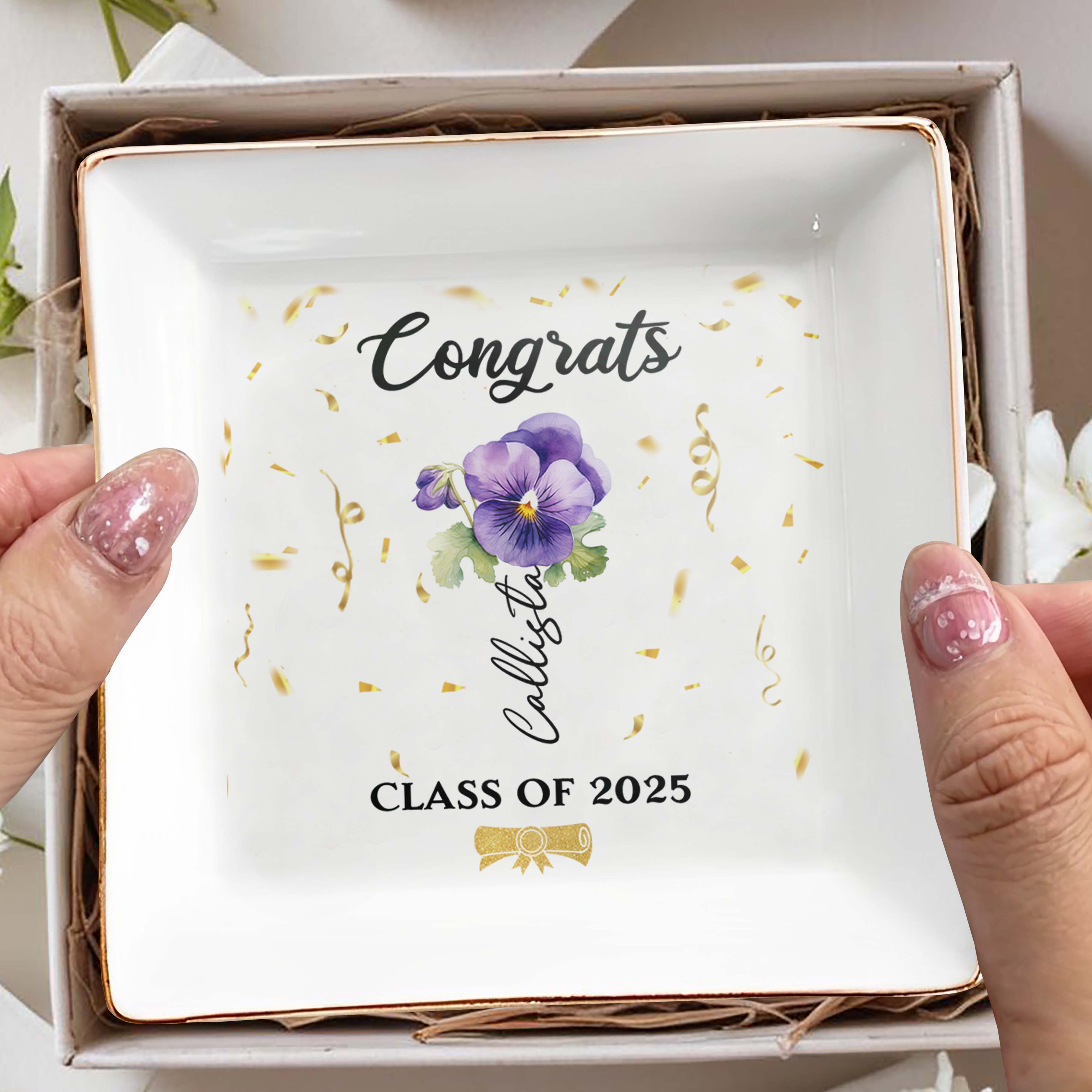 Congrats Personalized Pansy Flower Design Jewelry Dish - Personalized Custom Jewelry Dish, Square Ceramic Dish - GRAD002_SCRD