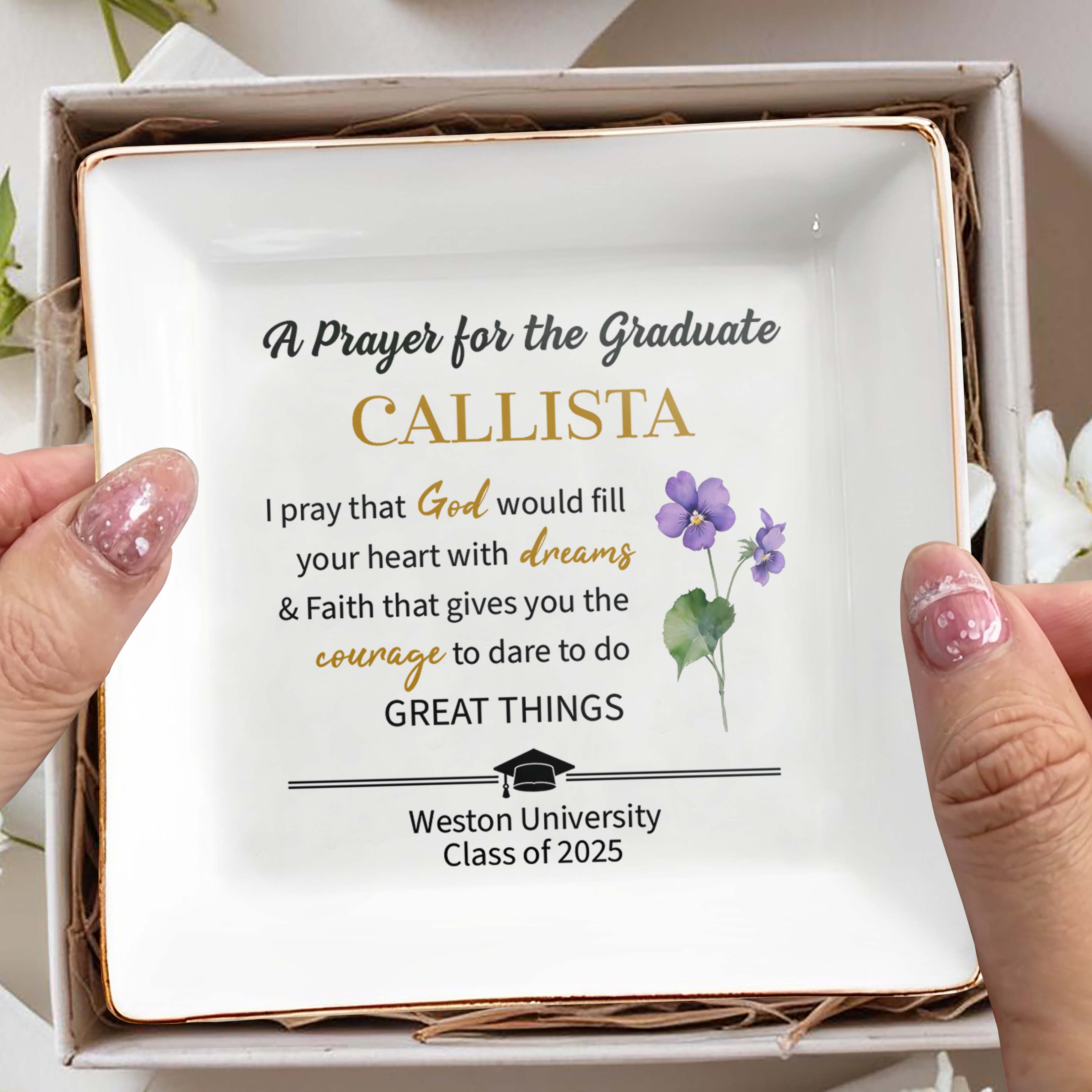 A Prayer For The Graduate With Dreams And Courage - Personalized Custom Jewelry Dish, Square Ceramic Dish - GRAD003_SCRD