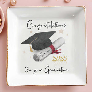 Congratulations On Your Graduation, Graduation Cap and Diploma - Personalized Custom Jewelry Dish, Square Ceramic Dish - GRAD006_SCRD