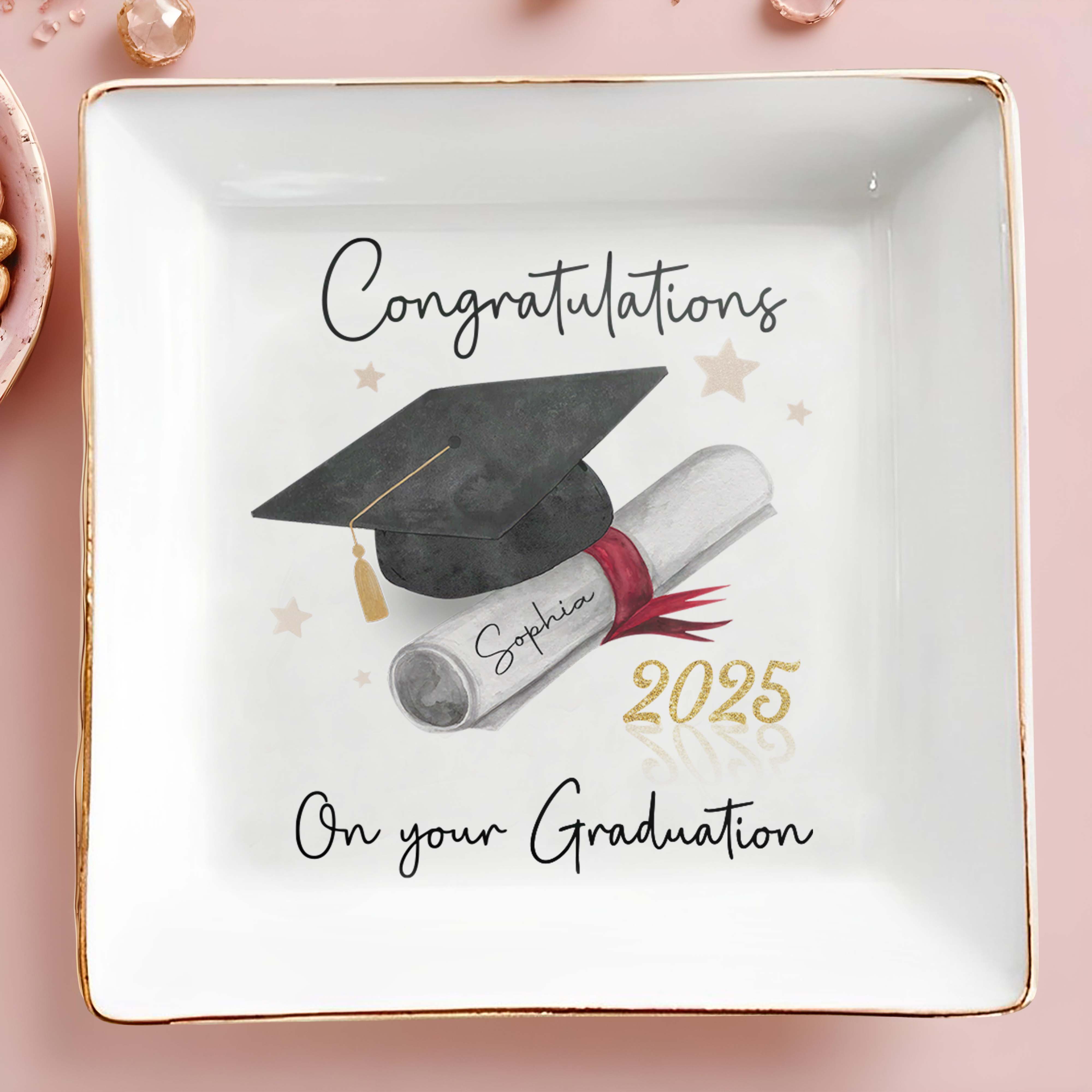 Congratulations On Your Graduation, Graduation Cap and Diploma - Personalized Custom Jewelry Dish, Square Ceramic Dish - GRAD006_SCRD