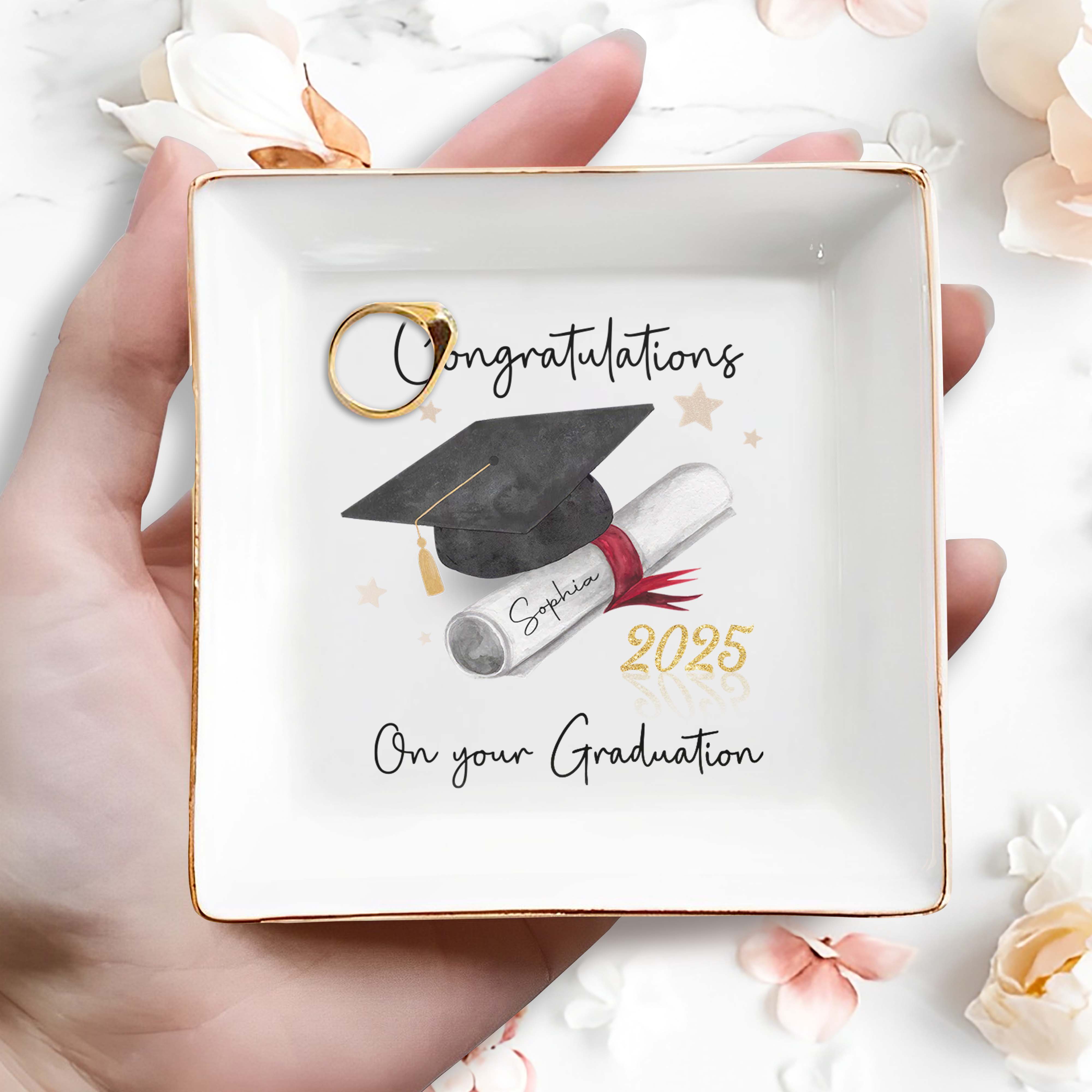 Congratulations On Your Graduation, Graduation Cap and Diploma - Personalized Custom Jewelry Dish, Square Ceramic Dish - GRAD006_SCRD