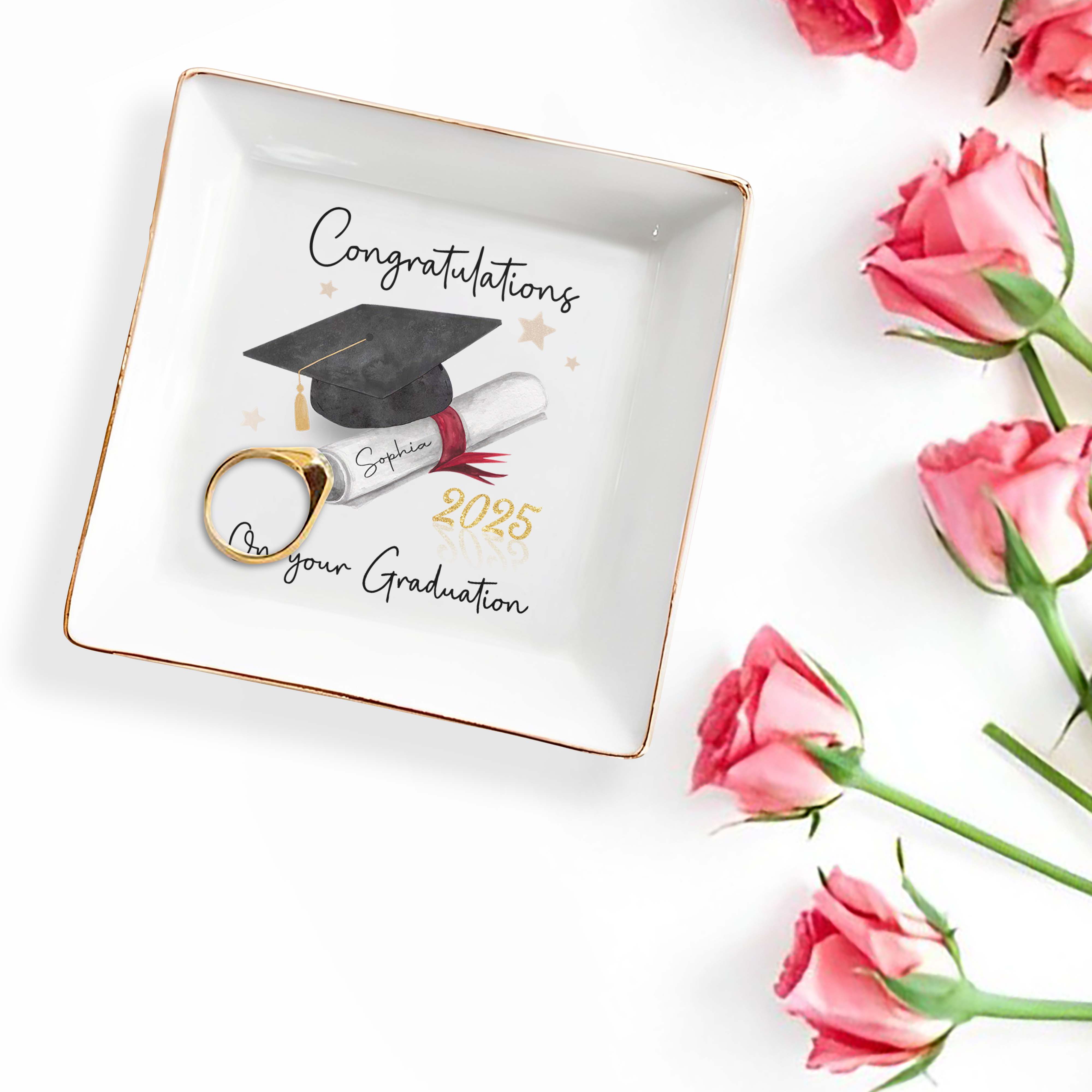 Congratulations On Your Graduation, Graduation Cap and Diploma - Personalized Custom Jewelry Dish, Square Ceramic Dish - GRAD006_SCRD