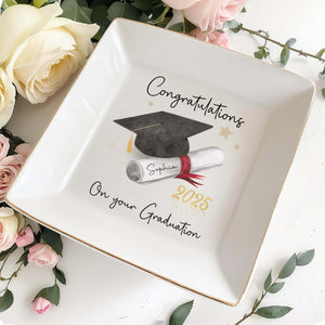 Congratulations On Your Graduation, Graduation Cap and Diploma - Personalized Custom Jewelry Dish, Square Ceramic Dish - GRAD006_SCRD