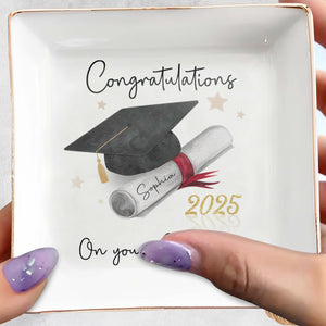 Congratulations On Your Graduation, Graduation Cap and Diploma - Personalized Custom Jewelry Dish, Square Ceramic Dish - GRAD006_SCRD