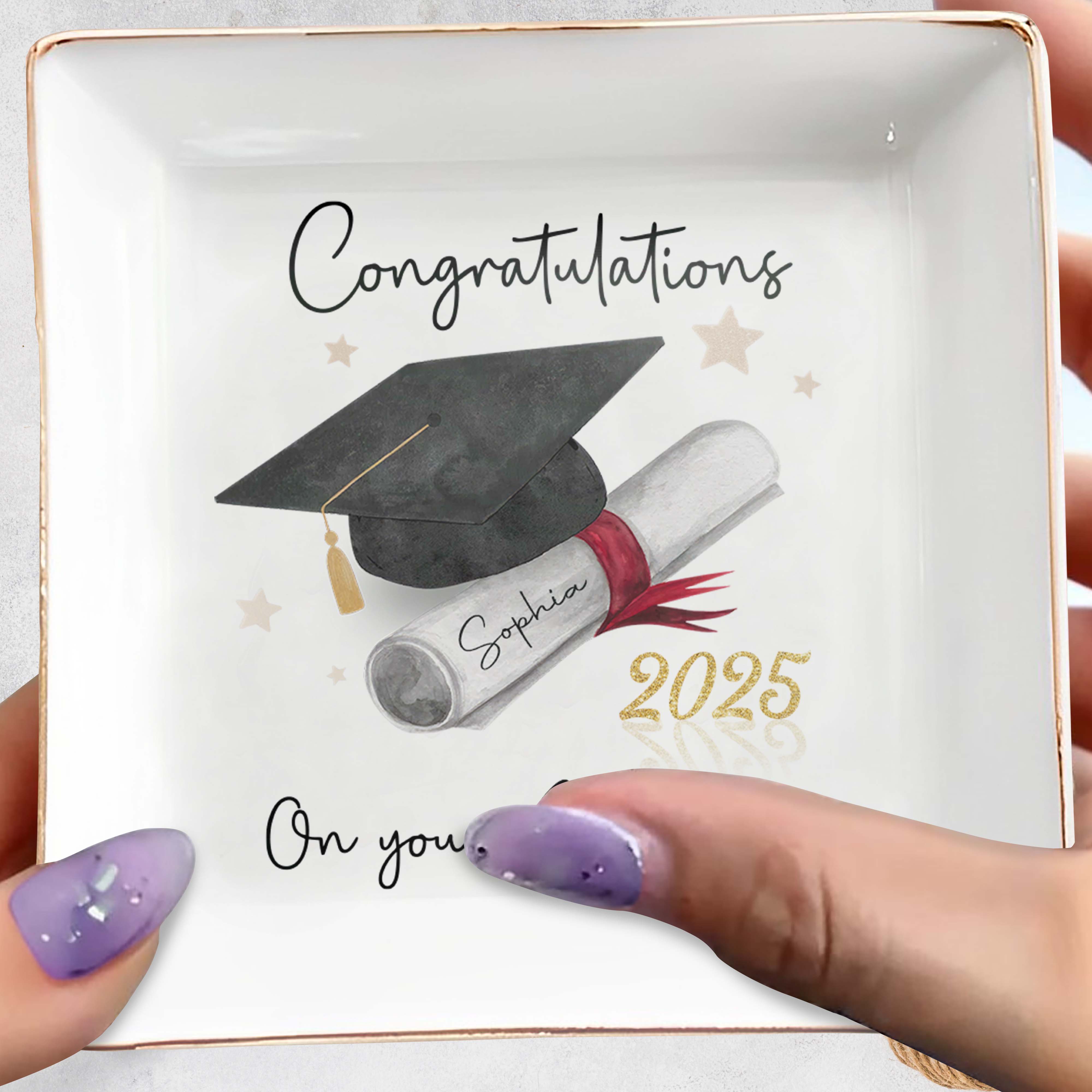 Congratulations On Your Graduation, Graduation Cap and Diploma - Personalized Custom Jewelry Dish, Square Ceramic Dish - GRAD006_SCRD