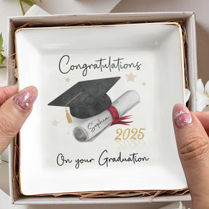 Congratulations On Your Graduation, Graduation Cap and Diploma - Personalized Custom Jewelry Dish, Square Ceramic Dish - GRAD006_SCRD