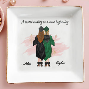 A Sweet Ending To A New Beginning, Graduates With Caps - Personalized Custom Jewelry Dish, Square Ceramic Dish - GRAD007_SCRD