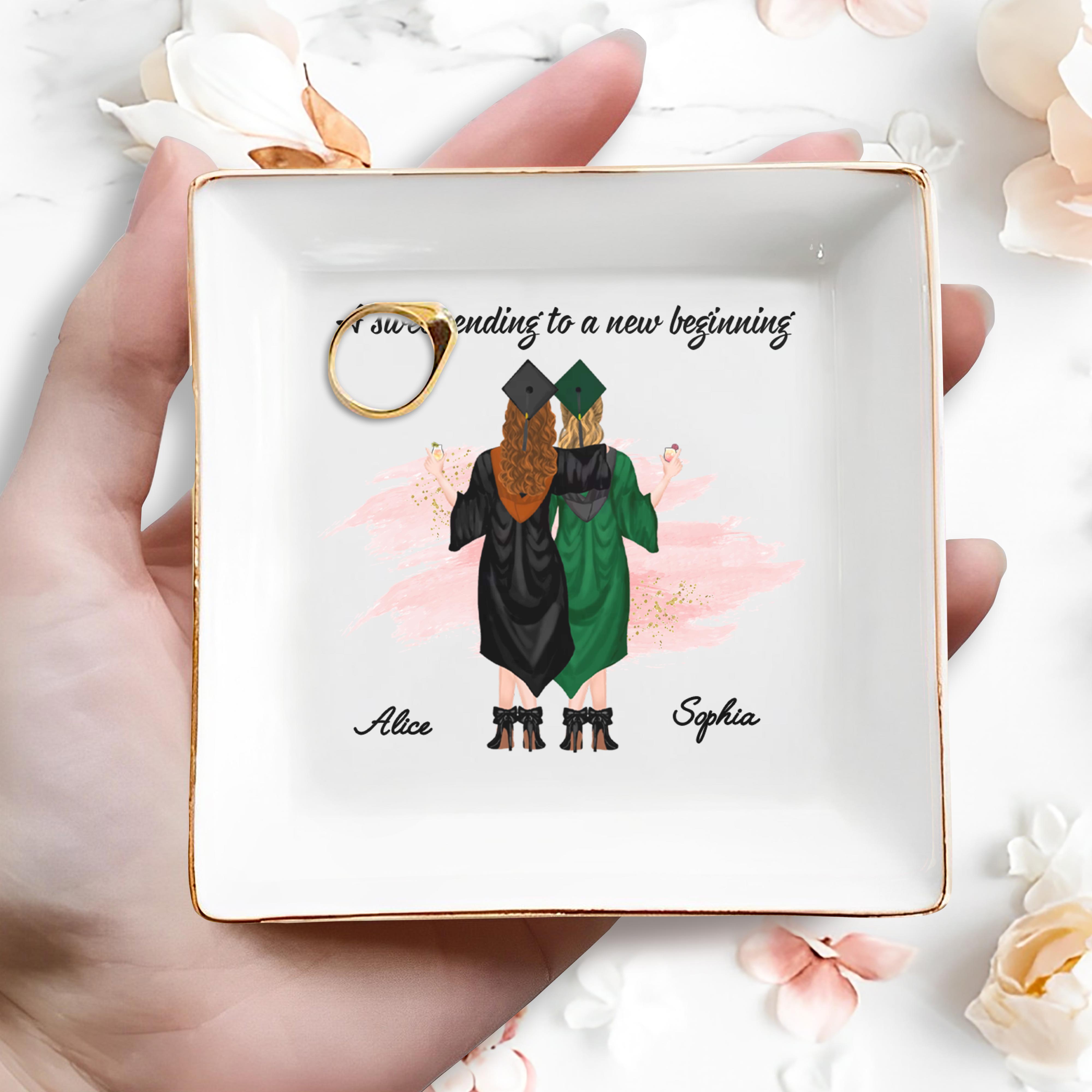 A Sweet Ending To A New Beginning, Graduates With Caps - Personalized Custom Jewelry Dish, Square Ceramic Dish - GRAD007_SCRD