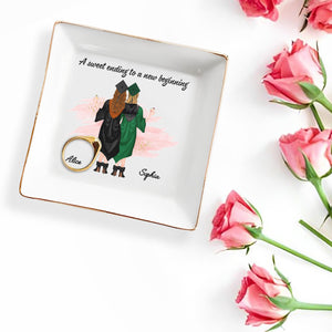 A Sweet Ending To A New Beginning, Graduates With Caps - Personalized Custom Jewelry Dish, Square Ceramic Dish - GRAD007_SCRD