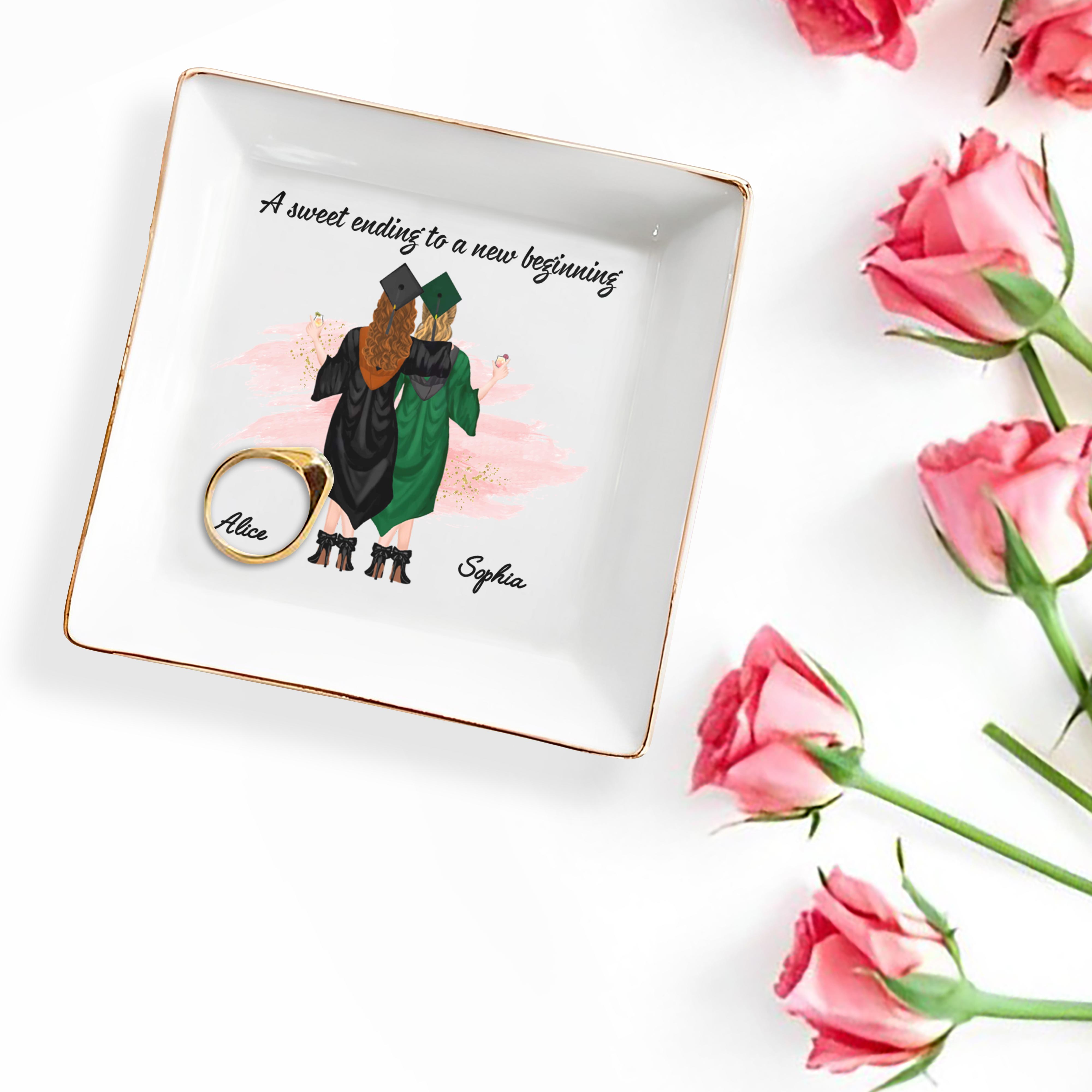 A Sweet Ending To A New Beginning, Graduates With Caps - Personalized Custom Jewelry Dish, Square Ceramic Dish - GRAD007_SCRD