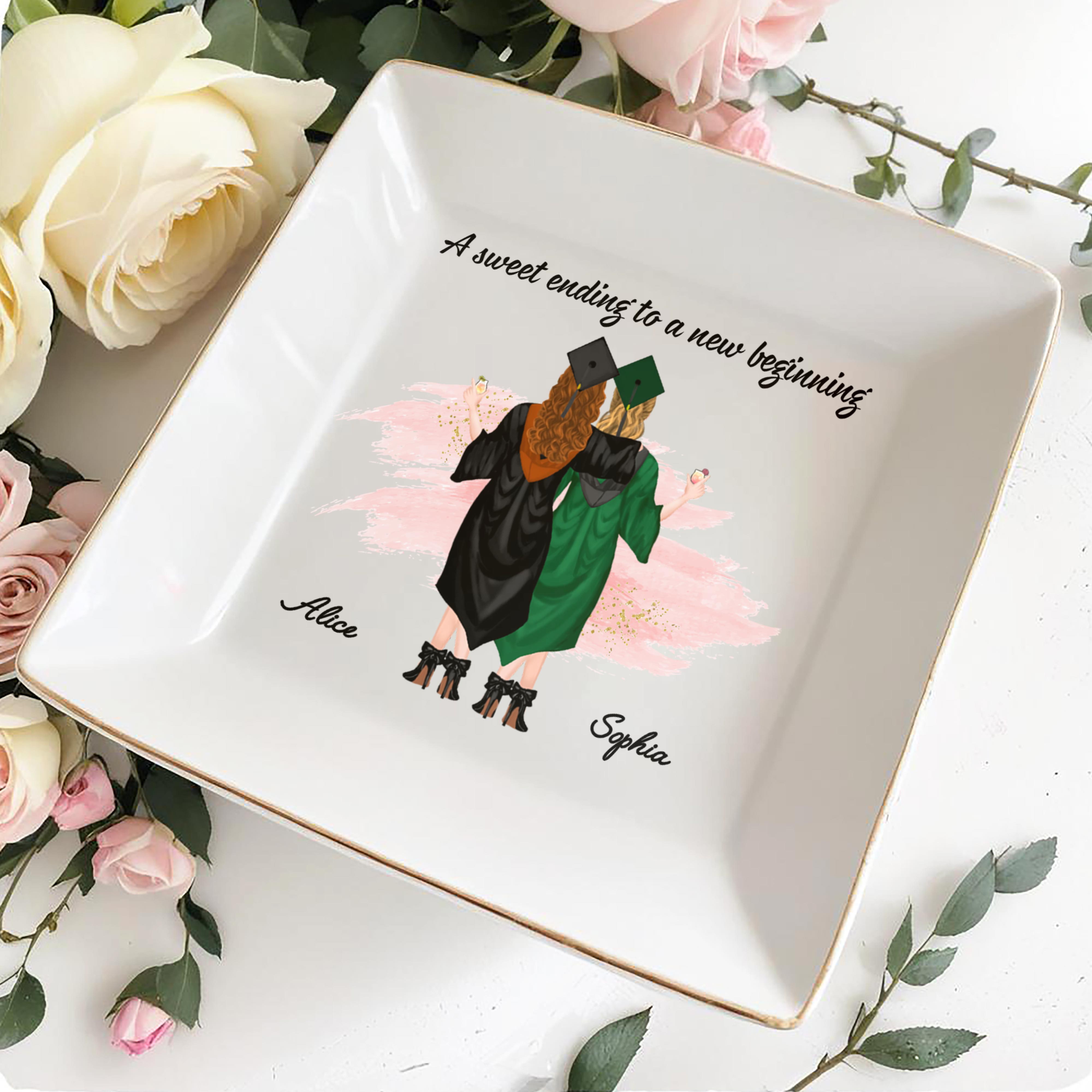 A Sweet Ending To A New Beginning, Graduates With Caps - Personalized Custom Jewelry Dish, Square Ceramic Dish - GRAD007_SCRD
