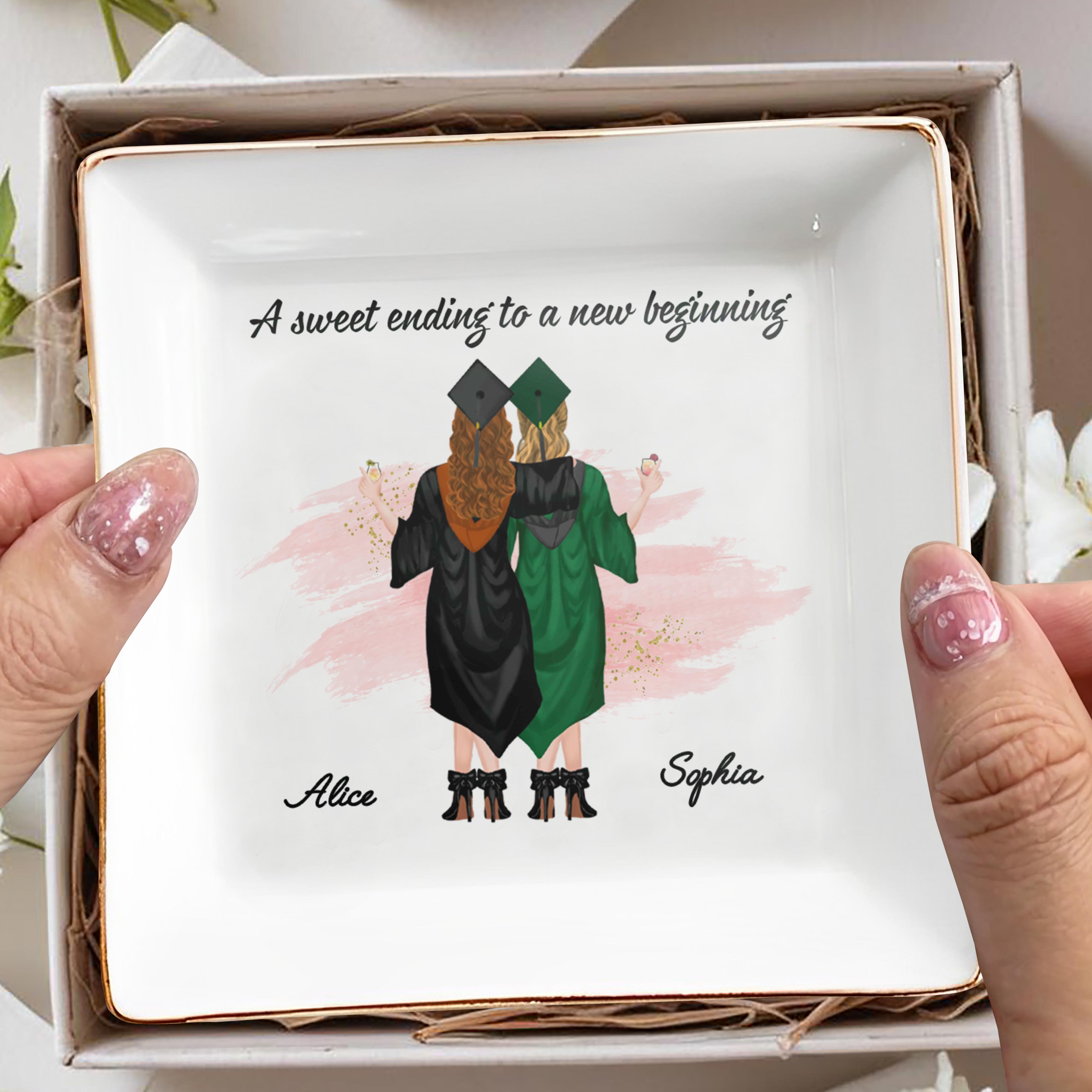 A Sweet Ending To A New Beginning, Graduates With Caps - Personalized Custom Jewelry Dish, Square Ceramic Dish - GRAD007_SCRD