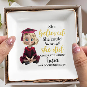 She Believed She Could So She Did Congratulations, Graduation Cap And Animated Character - Personalized Custom Jewelry Dish, Square Ceramic Dish - GRAD008_SCRD