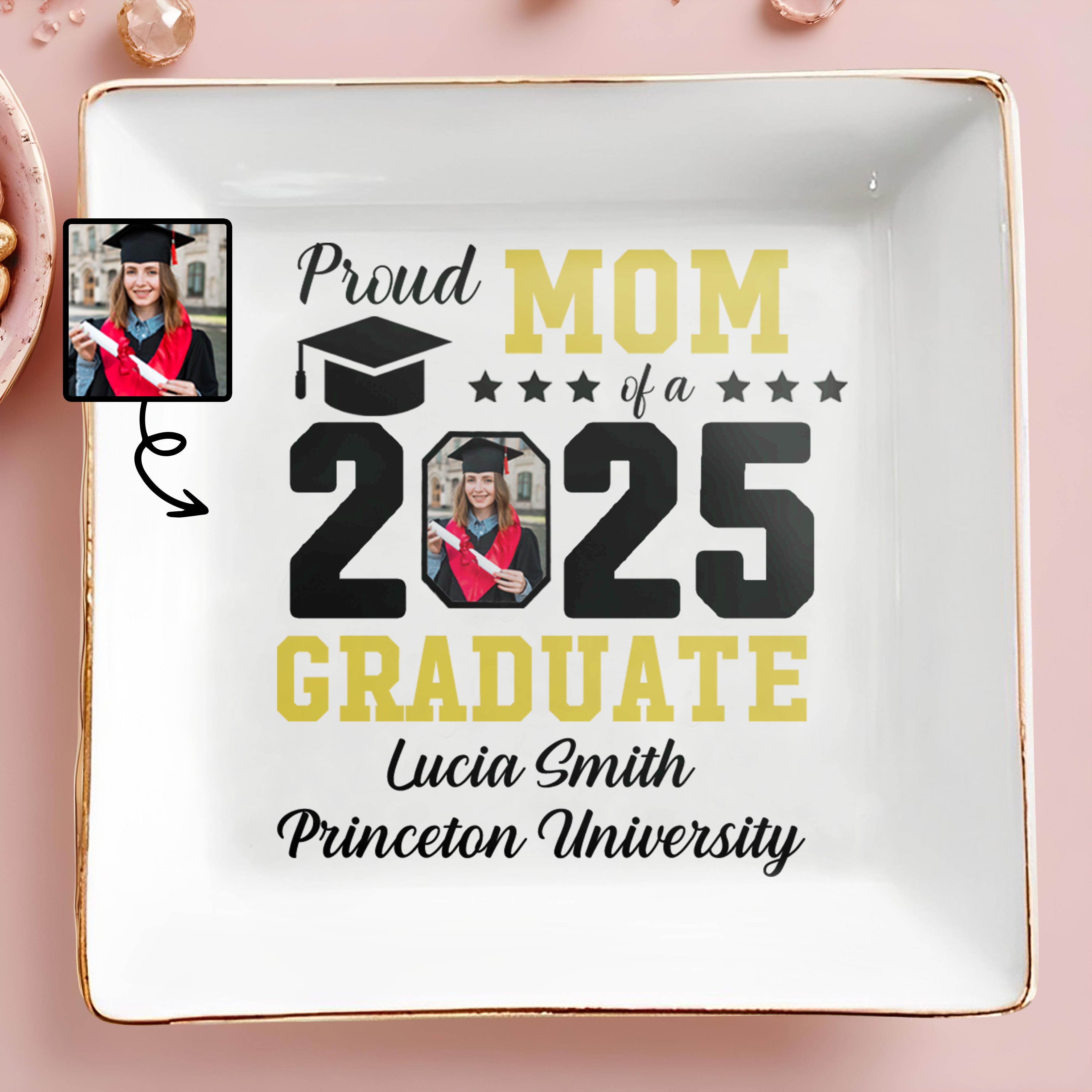 Proud Mom of a 2025 Graduate, Graduation Cap and Stars - Personalized Custom Jewelry Dish, Square Ceramic Dish - GRAD010_SCRD