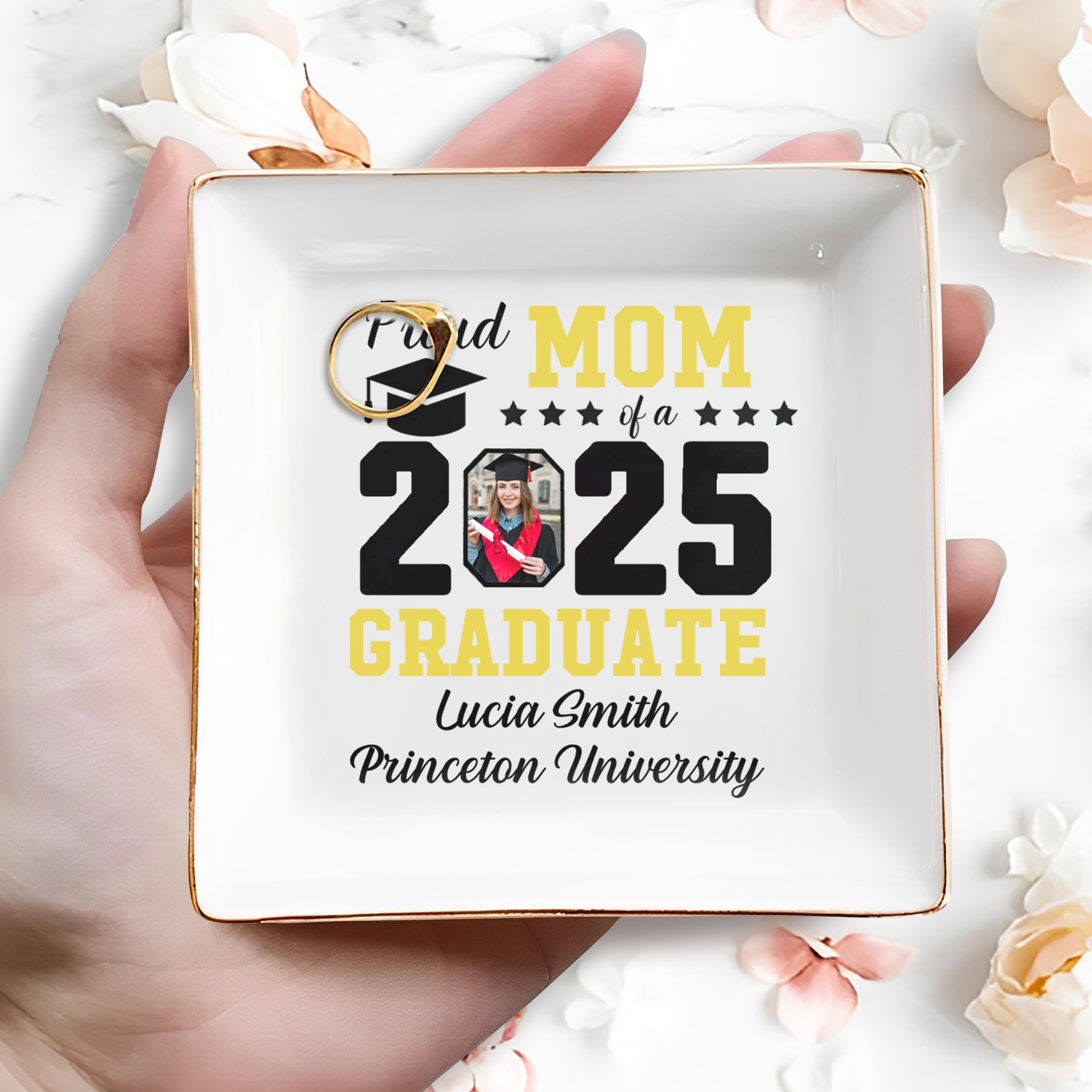 Proud Mom of a 2025 Graduate, Graduation Cap and Stars - Personalized Custom Jewelry Dish, Square Ceramic Dish - GRAD010_SCRD